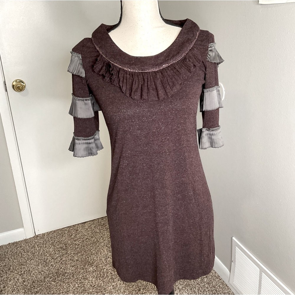 Theme Mini Dress w/ pleated ruffles on sleeves & around neckline, plum & silver